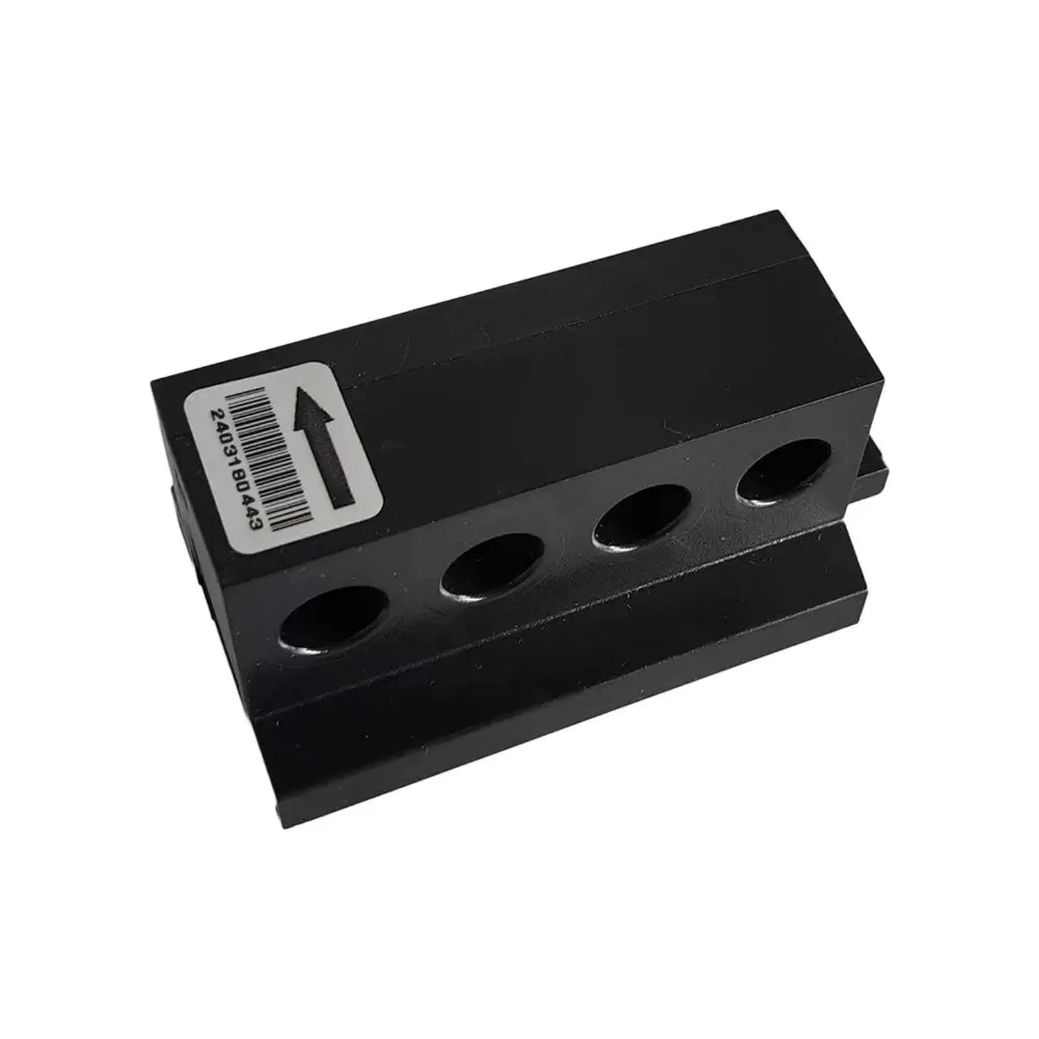 Black rectangular solar monitoring device with four circular ports and barcode label on top.