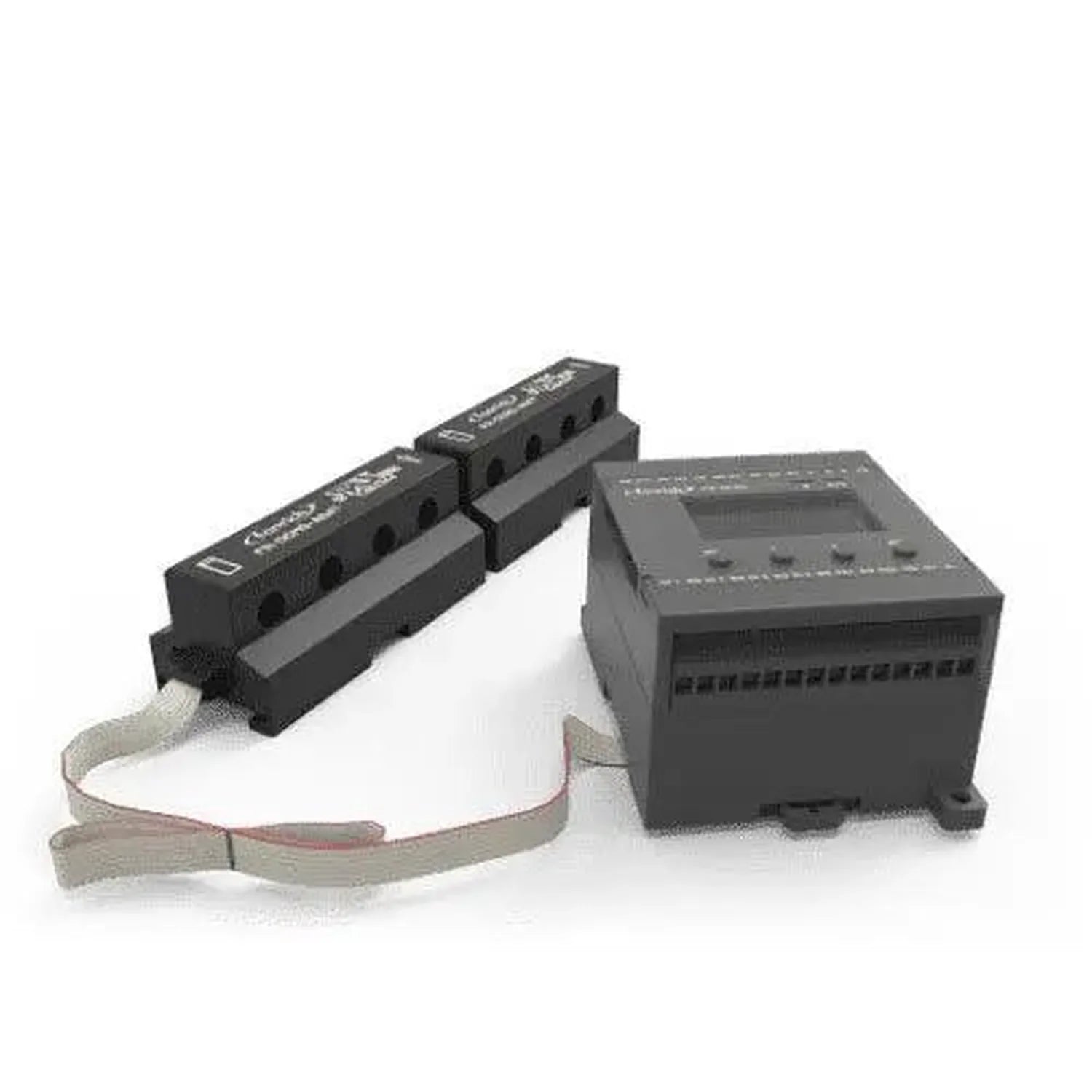 Solar PV string monitoring system with two black modular sensor units and gray control box connected by ribbon cable.