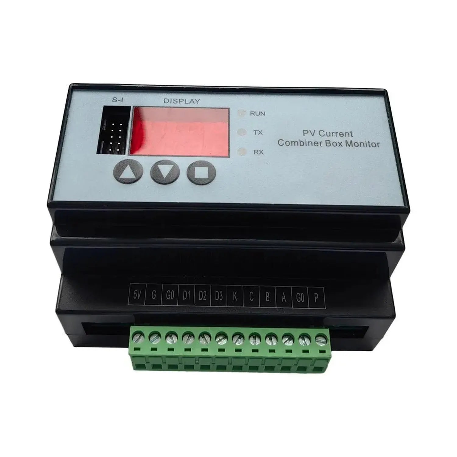 PV Current Combiner Box Monitor with red display screen, control buttons, and green terminal block connectors, product shot o