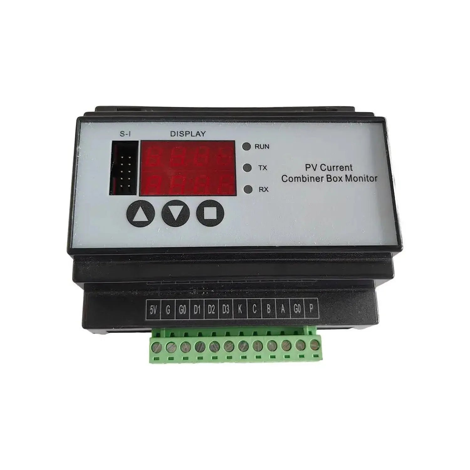 PV Current Combiner Box Monitor with red LED display, control buttons, status indicators, and green terminal block connectors