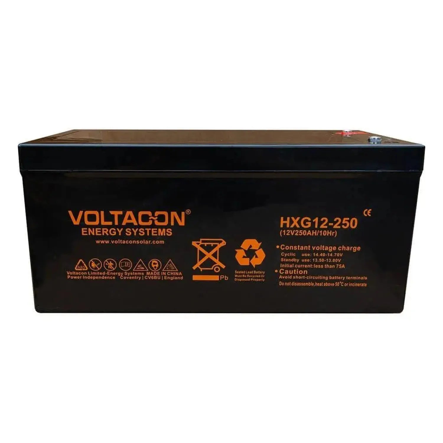 Voltacon HXG12-250 black rechargeable battery with orange branding and specifications label visible on front face.