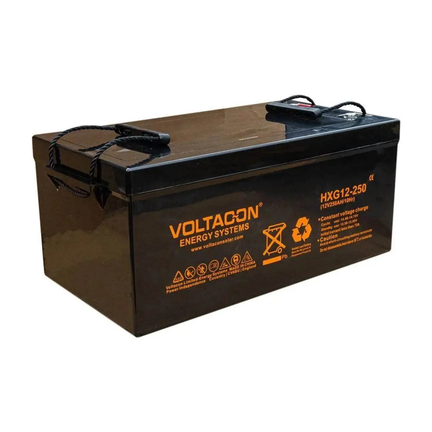Voltacon HXG12-250 12V 250Ah gel deep cycle battery with black casing and orange branding, shown against white background.