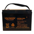 Voltacon HXG6-200 sealed lead battery with black case, orange branding, and black carrying handle.