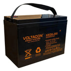 Voltacon HXG6-200 sealed lead battery with black casing, orange branding, and black carry handle against white background.