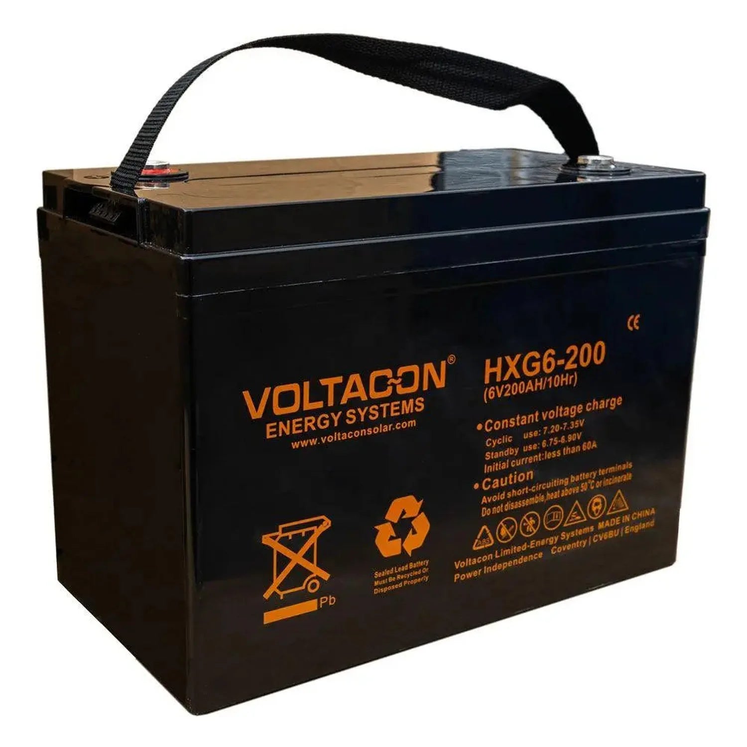Voltacon HXG6-200 sealed lead battery with black casing, orange branding, and black carry handle against white background.