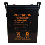 Voltacon HXG6-300 6V 300Ah sealed lead battery with orange text and warning symbols on black casing.