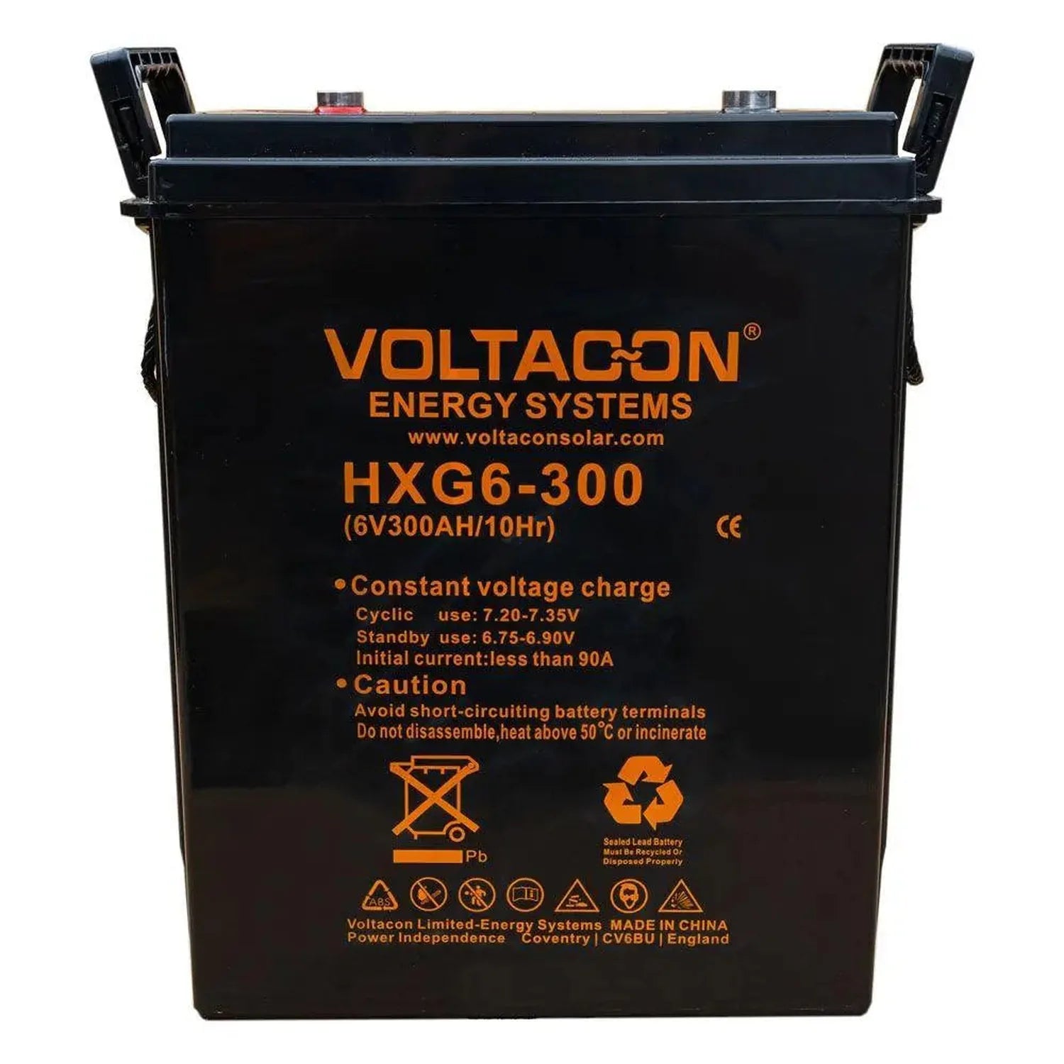 Voltacon HXG6-300 6V 300Ah sealed lead battery with orange text and warning symbols on black casing.