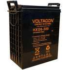Voltacon HXG6-300 6V 300Ah gel solar battery with black casing and orange branding text, featuring carry handles and safety i
