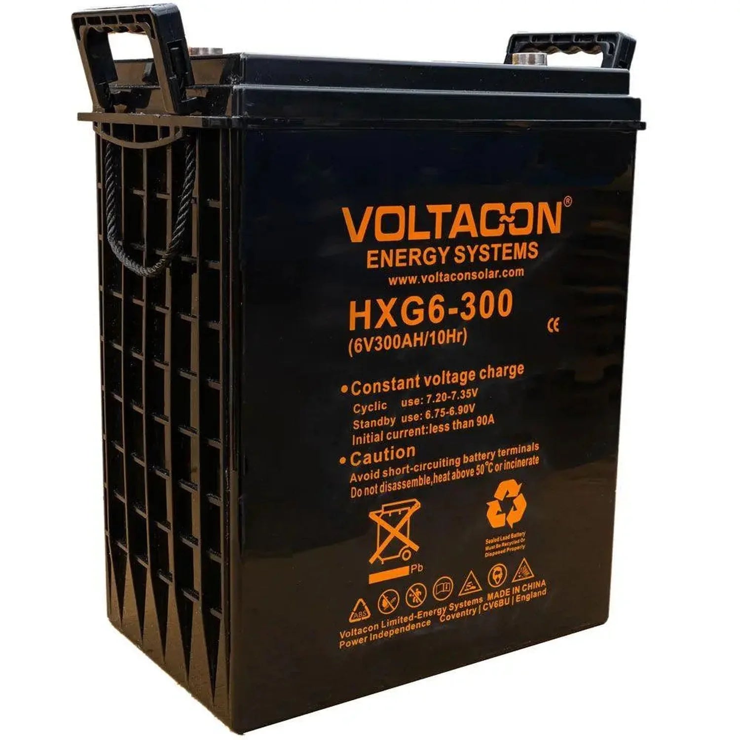 Voltacon HXG6-300 6V 300Ah gel solar battery with black casing and orange branding text, featuring carry handles and safety i