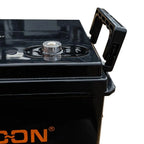 Black Voltacon gel solar battery with orange logo, showing top view with terminal cap and handle detail against white backgro