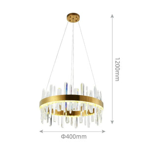 Dimension diagram of gold LED pendant light with crystal prisms, 400mm diameter, 1200mm height.