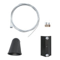 LED track lighting suspension kit components: coiled cable, mounting bracket, black dome canopy, and black rectangular juncti
