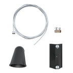 LED track lighting suspension kit components: coiled cable, mounting bracket, black dome canopy, and black rectangular juncti