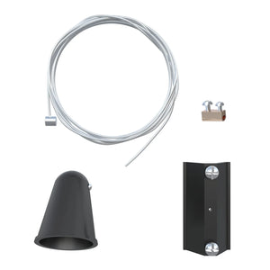 LED track lighting suspension kit components: coiled cable, mounting bracket, black dome canopy, and black rectangular juncti