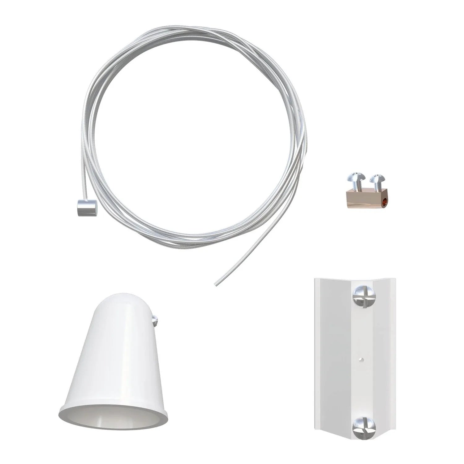 LED track lighting suspension kit components including 2-meter cable, white cone shade, mounting bracket, and hardware connec