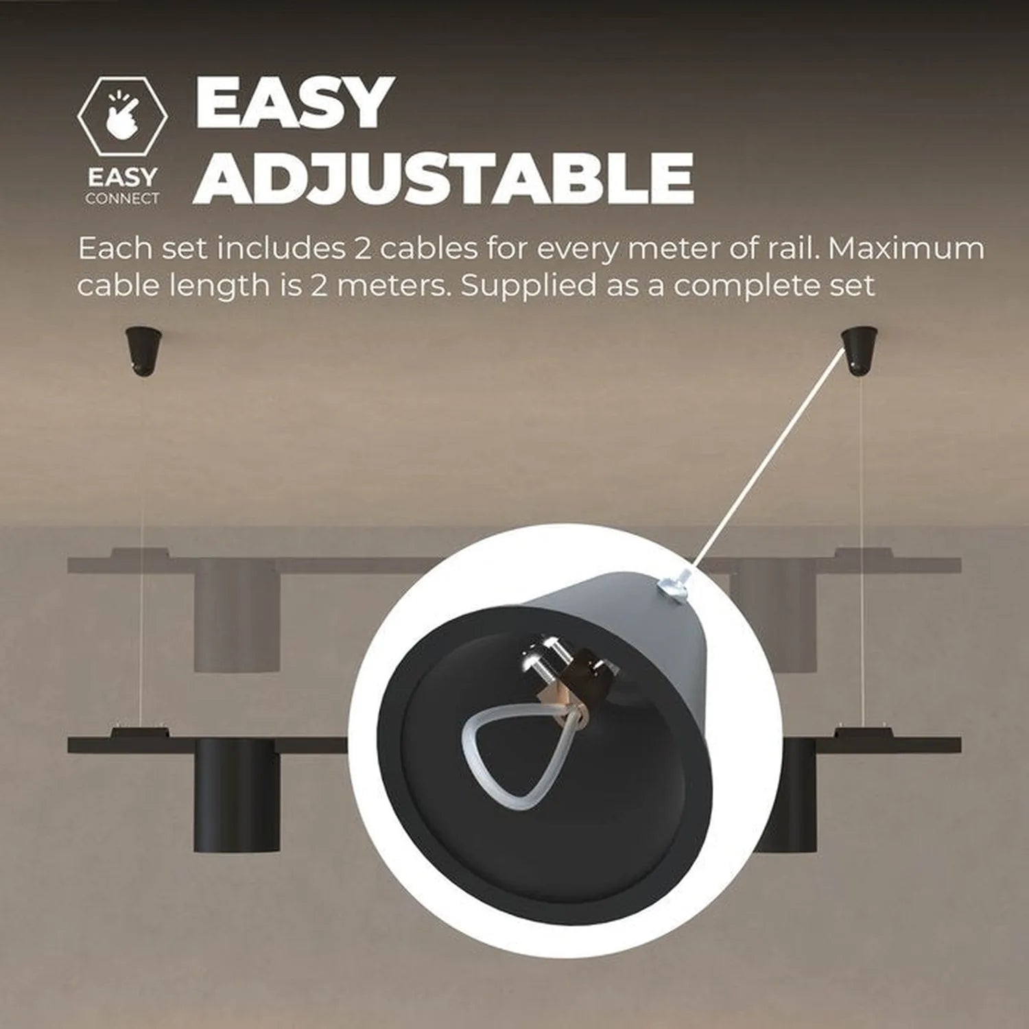 Easy Adjustable LED track lighting suspension kit showing circular connector with two white cables attached to ceiling rail s
