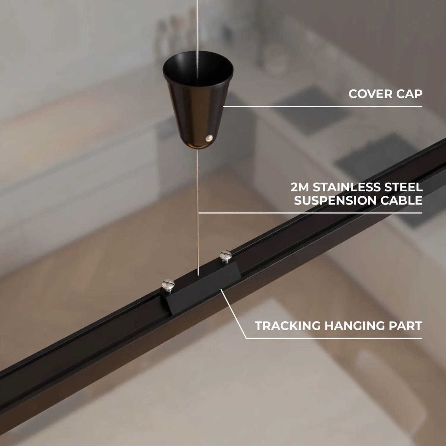 Labeled diagram showing suspension kit components: black cover cap, 2m stainless steel cable, and tracking hanging part mount