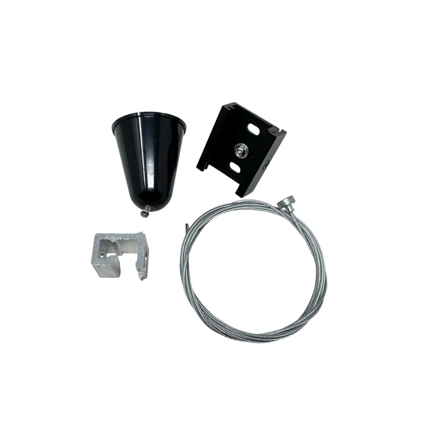 Four-piece track lighting suspension kit including black cylindrical canopy, bracket, cable clamp, and coiled steel cable.
