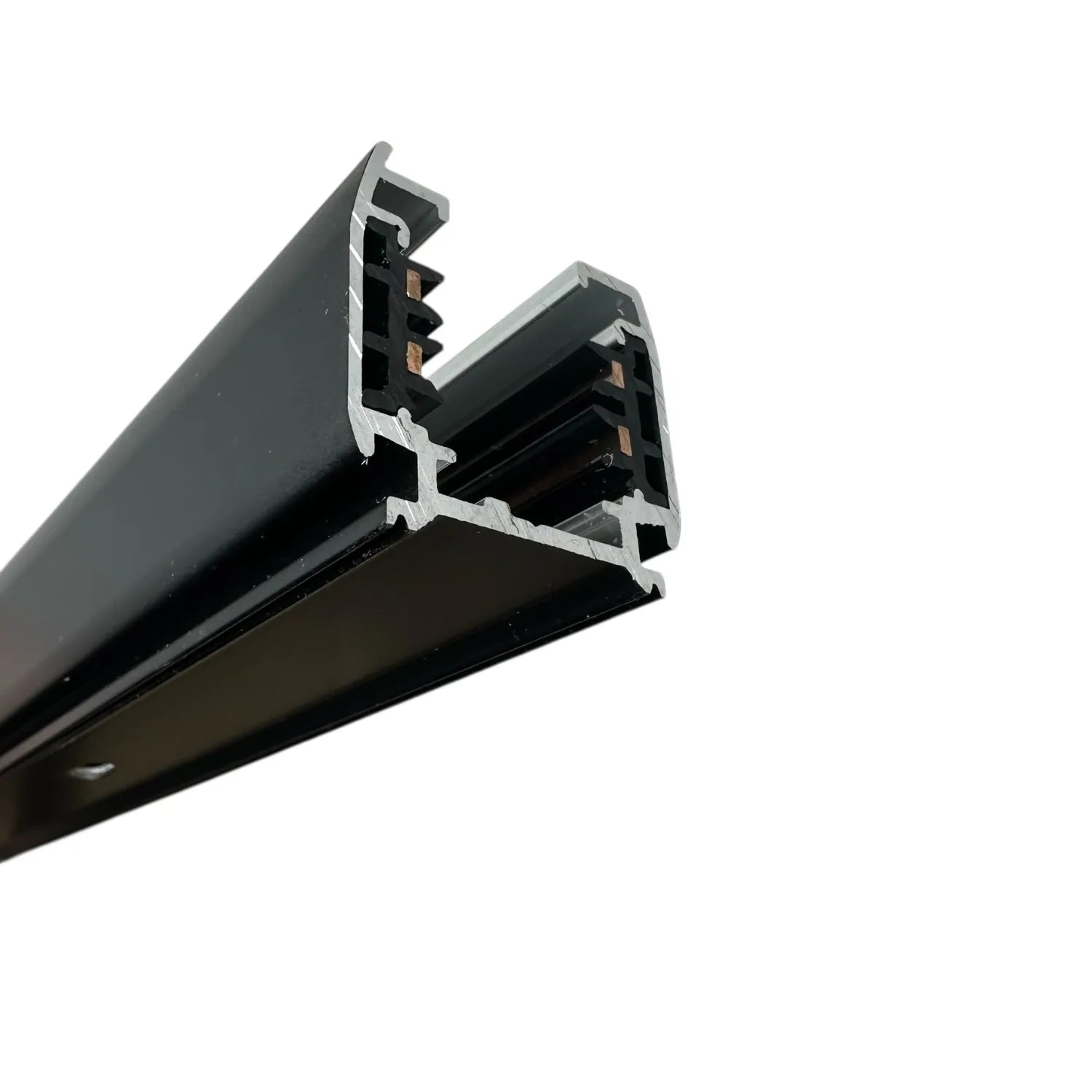 Black aluminum 4-wire 3-phase LED track rail with silver connector clips and internal copper contacts, shown at angle against