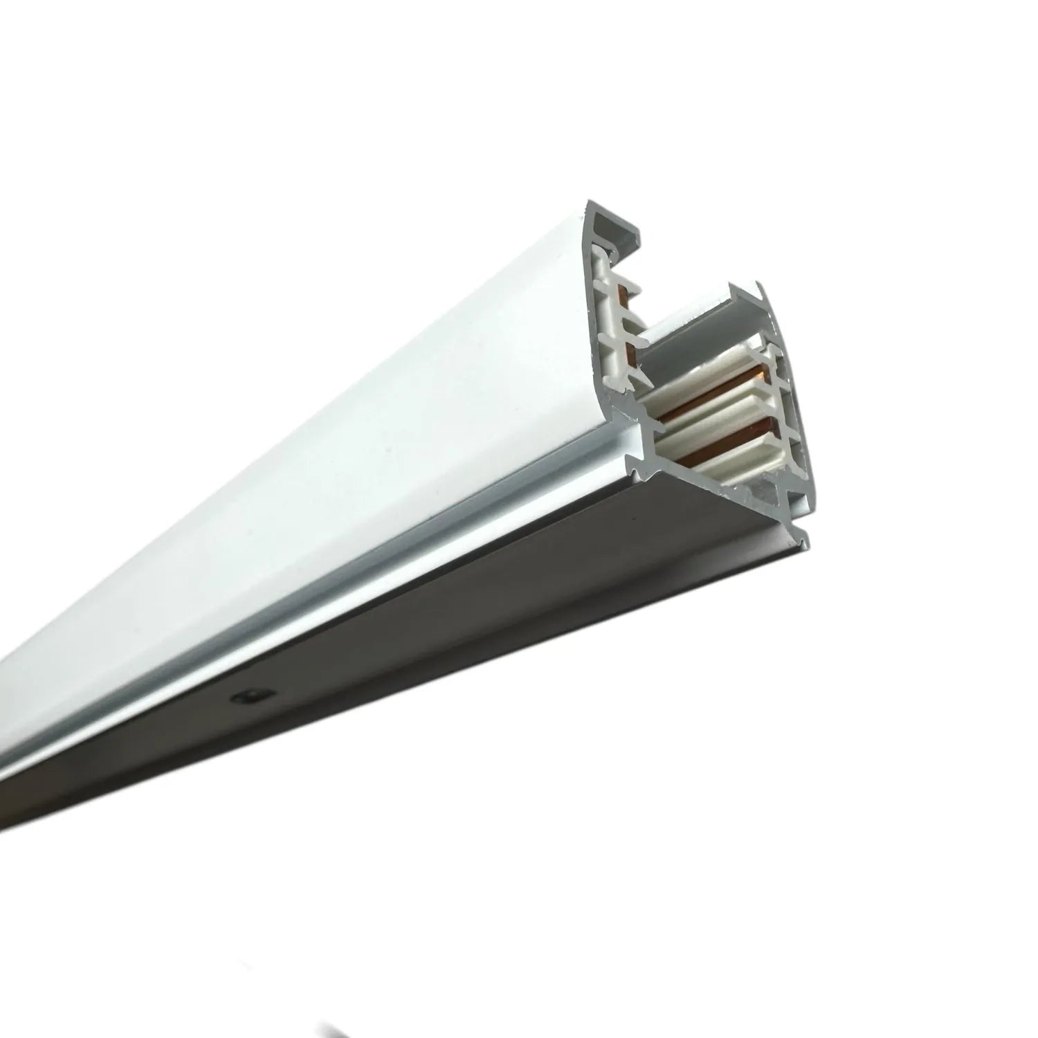 Three-phase LED track rail with white cover and open-end connector showing four copper contact points.