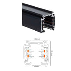 Black aluminum track rail with dimension diagram showing 35.2mm width, 35.3mm height, 14.8mm depth, and four wire terminals l