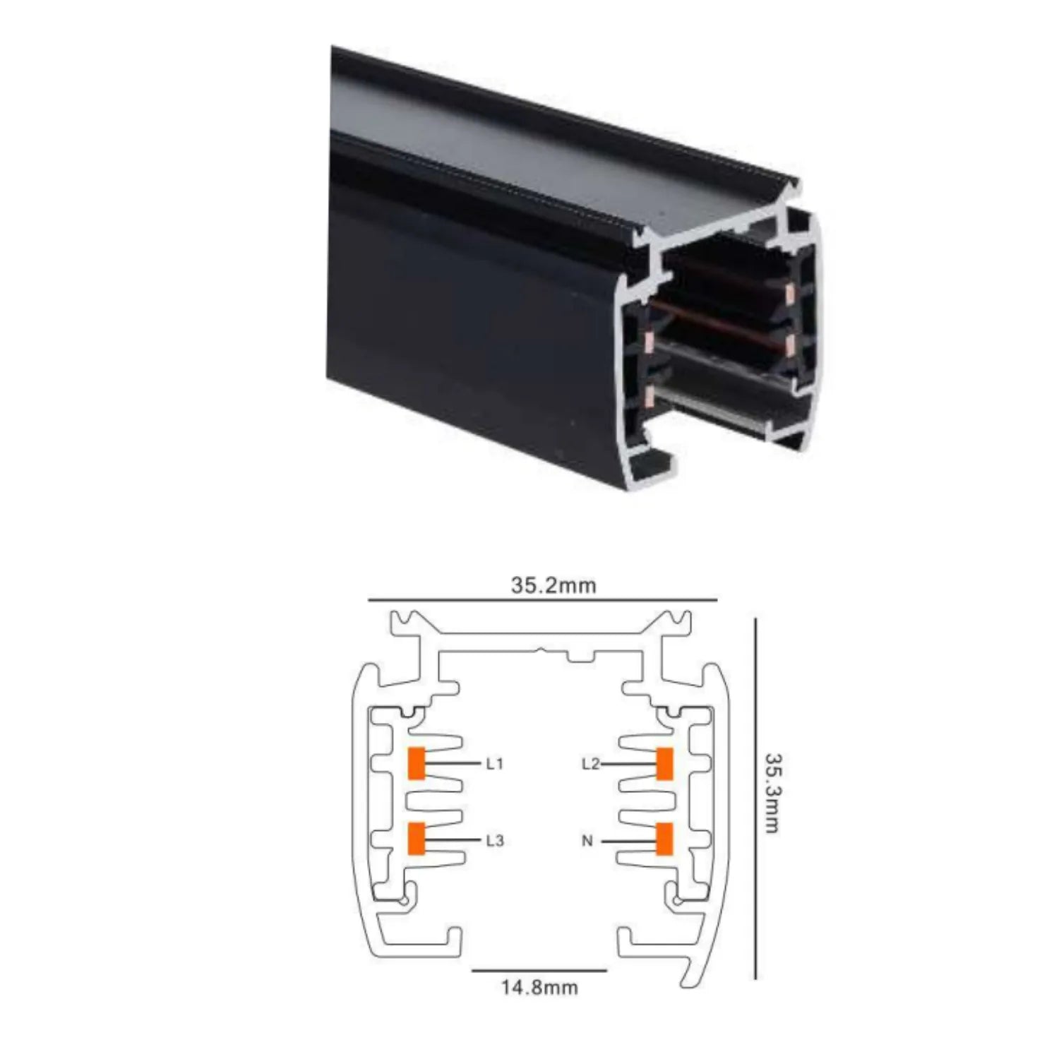 Black aluminum track rail with dimension diagram showing 35.2mm width, 35.3mm height, 14.8mm depth, and four wire terminals l