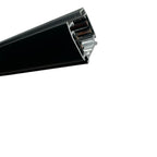 Black aluminum LED track rail with 4-wire 3-phase connector, showing internal electrical contacts and mounting hardware, prod