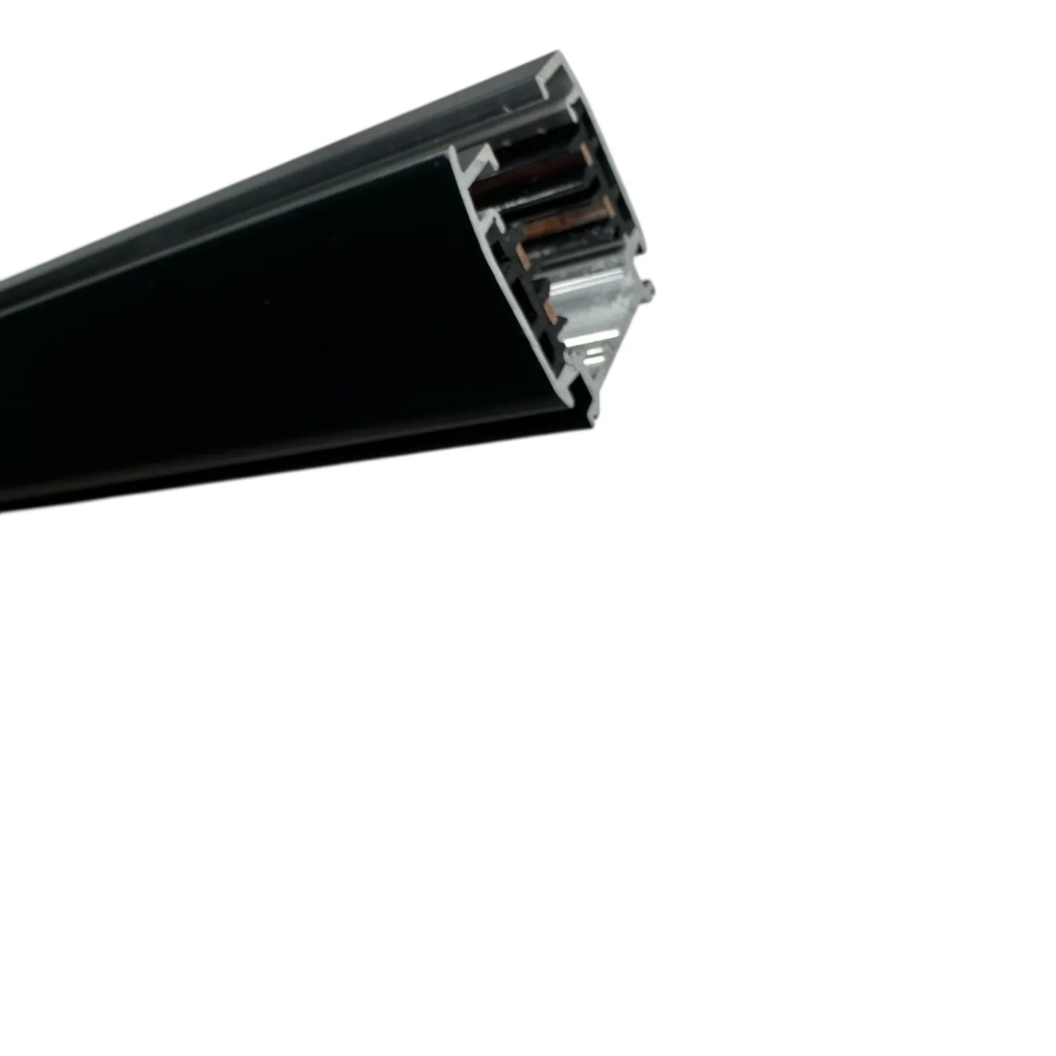 Black aluminum LED track rail with 4-wire 3-phase connector, showing internal electrical contacts and mounting hardware, prod