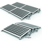 Flat roof solar mounting system showing four photovoltaic panels tilted at 10 degrees on adjustable aluminum rails with balla