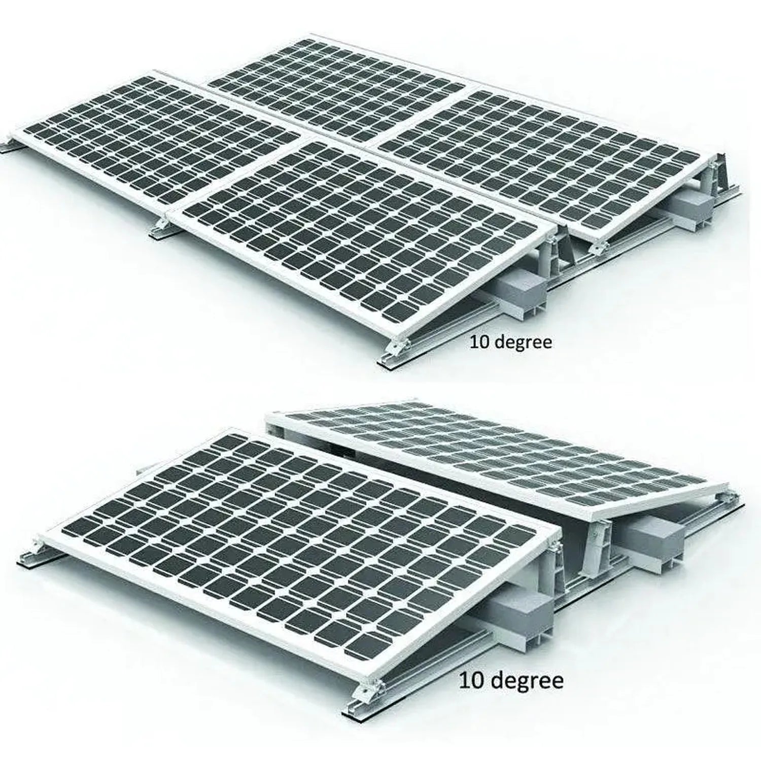 Flat roof solar mounting system showing four photovoltaic panels tilted at 10 degrees on adjustable aluminum rails with balla