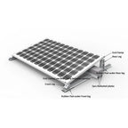 Labeled diagram of solar panel mounting kit showing ballasted plate system with front and rear legs, end clamps, and rubber p
