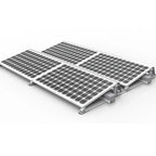 Flat roof solar mounting system with four tilted panel arrays on metal ballast framework, shown installed at angle against wh
