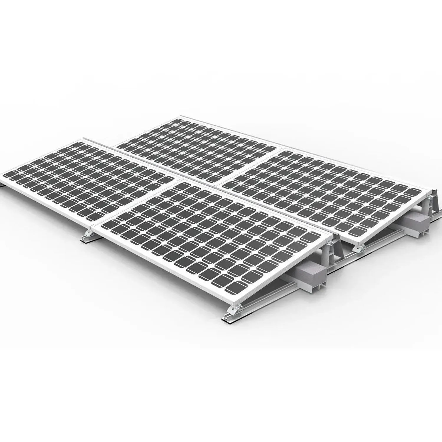 Flat roof solar mounting system with four tilted panel arrays on metal ballast framework, shown installed at angle against wh
