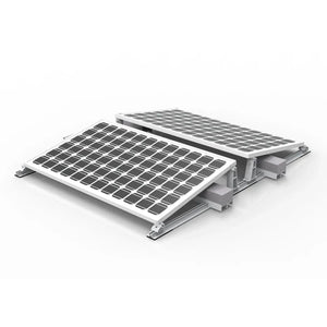 Two solar panels mounted on angled aluminum frames with ballast weights, shown in 3D product rendering against white backgrou
