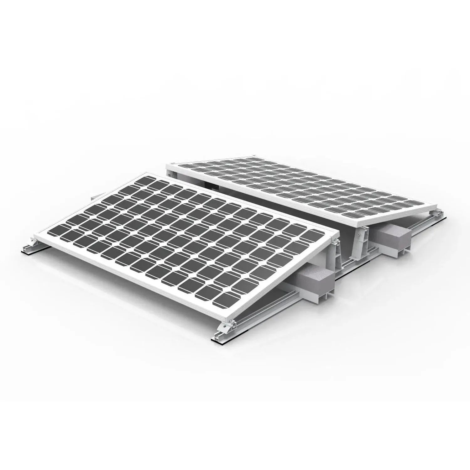 Two solar panels mounted on angled aluminum frames with ballast weights, shown in 3D product rendering against white backgrou
