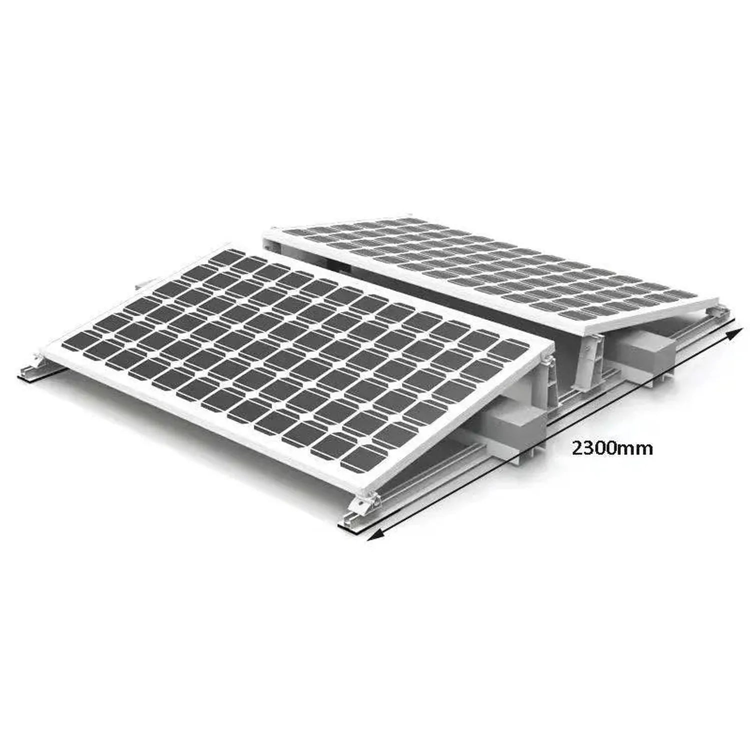 Flat roof solar panel mounting system with two angled panels on aluminum rails, labeled 2300mm length, shown at 10-degree inc