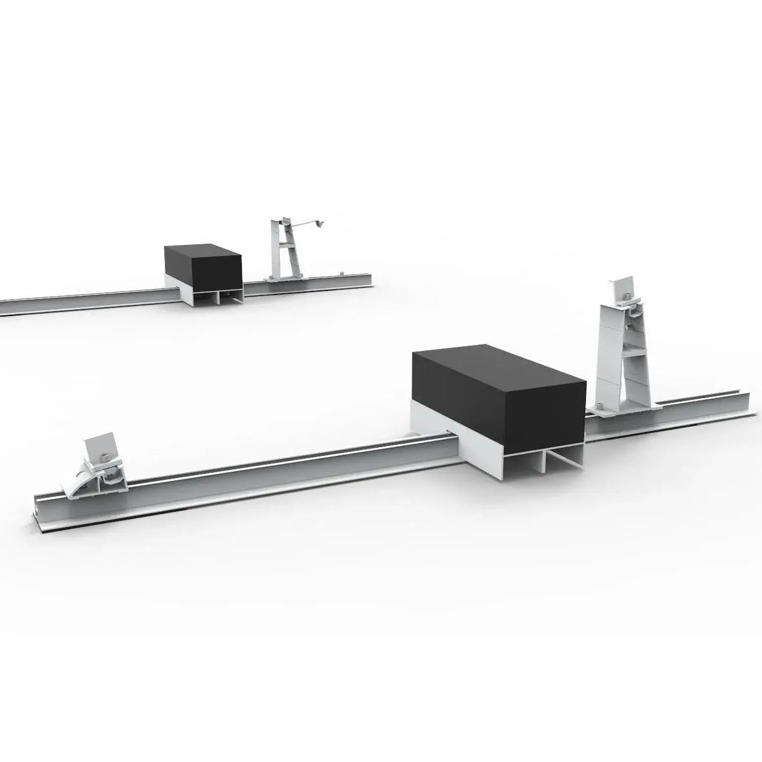 Solar panel mounting system with aluminum rails, adjustable brackets, and black ballast blocks on flat roof installation diag
