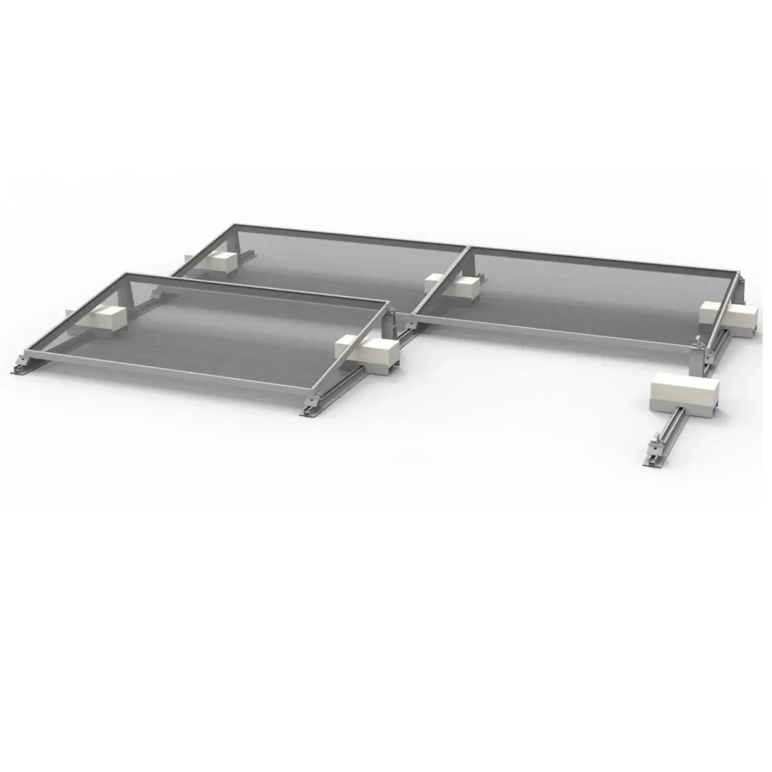 Flat roof solar panel mounting system with two angled aluminum rails and white ballast blocks, 3D product render.