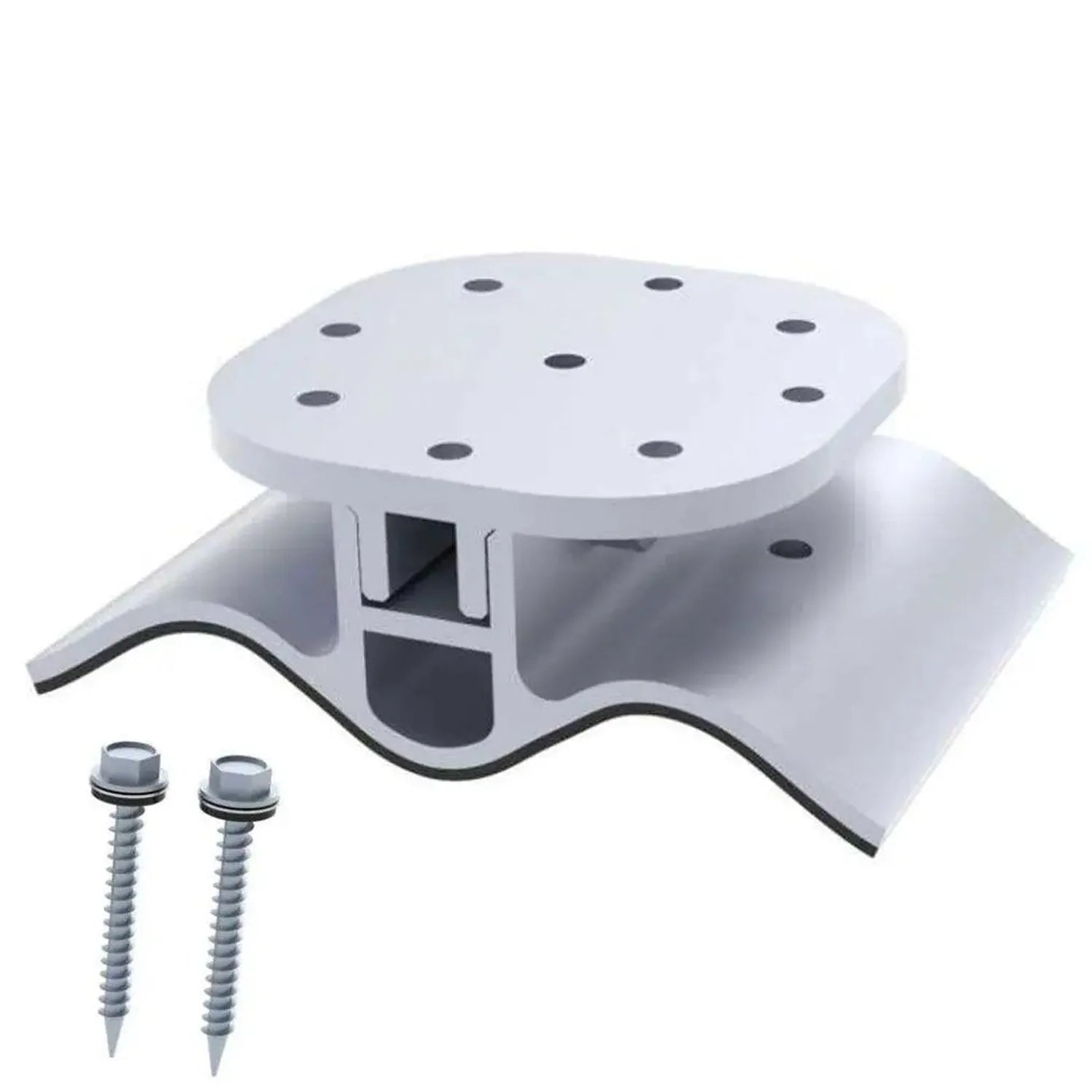 White corrugated roof bracket for solar panels with mounting holes on top surface, curved base with EPDM seal, shown with two