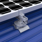 White solar panel roof bracket with EPDM seal mounted on blue corrugated metal roofing, shown in installation context.