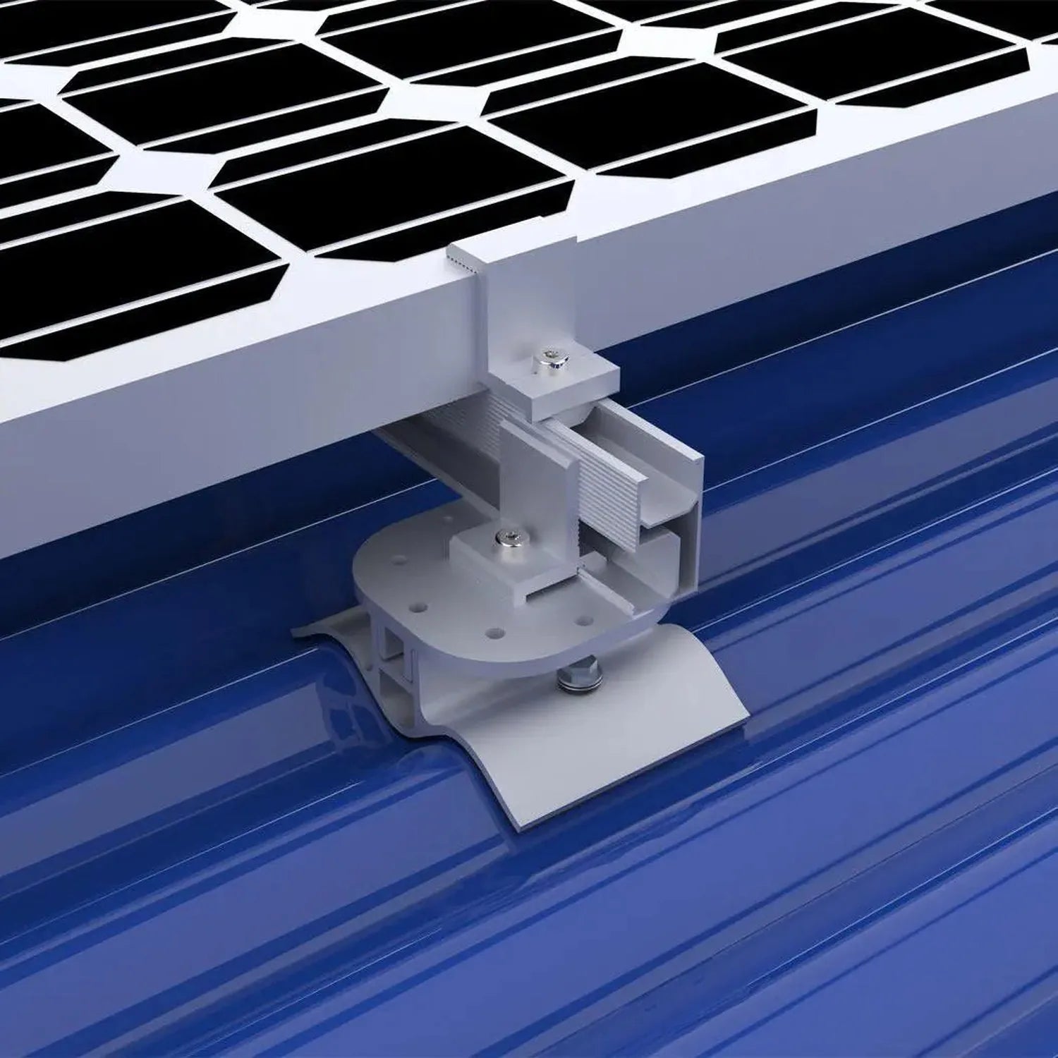 White solar panel roof bracket with EPDM seal mounted on blue corrugated metal roofing, shown in installation context.