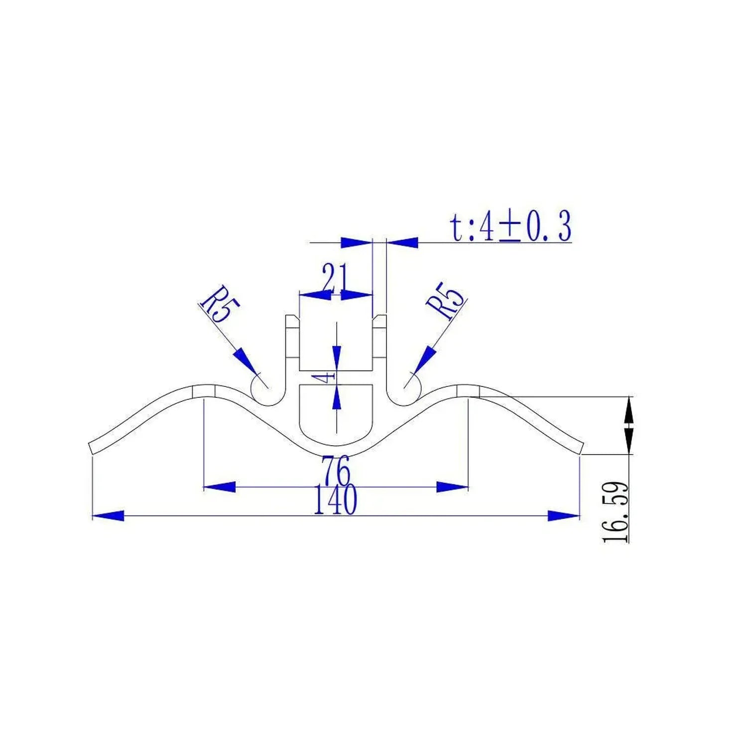 Technical dimension diagram of corrugated roof bracket showing top and side views with measurements including 140mm width, 16