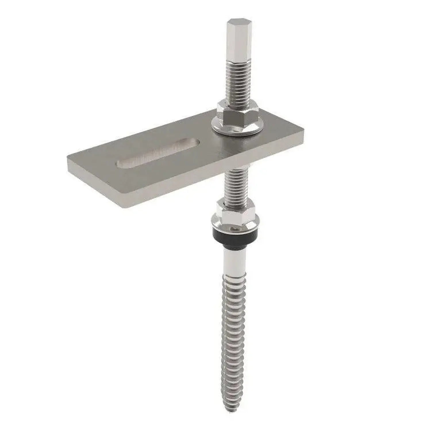 Stainless steel hanger bolt assembly with rectangular mounting plate, hex nuts, and washers on white background.