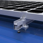 Close-up of stainless steel hanger bolt with supporting plate mounted on blue surface, showing ribbed bracket and fastening h