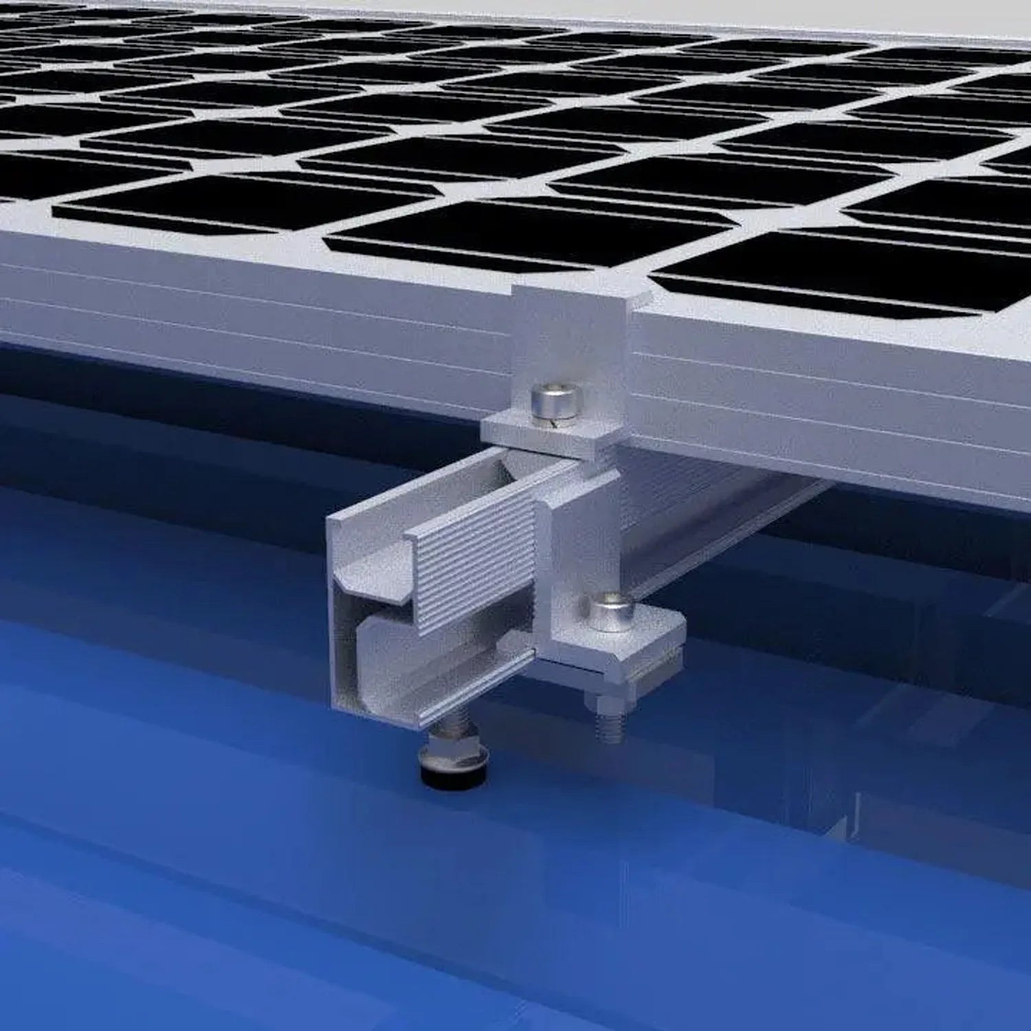 Close-up of stainless steel hanger bolt with supporting plate mounted on blue surface, showing ribbed bracket and fastening h