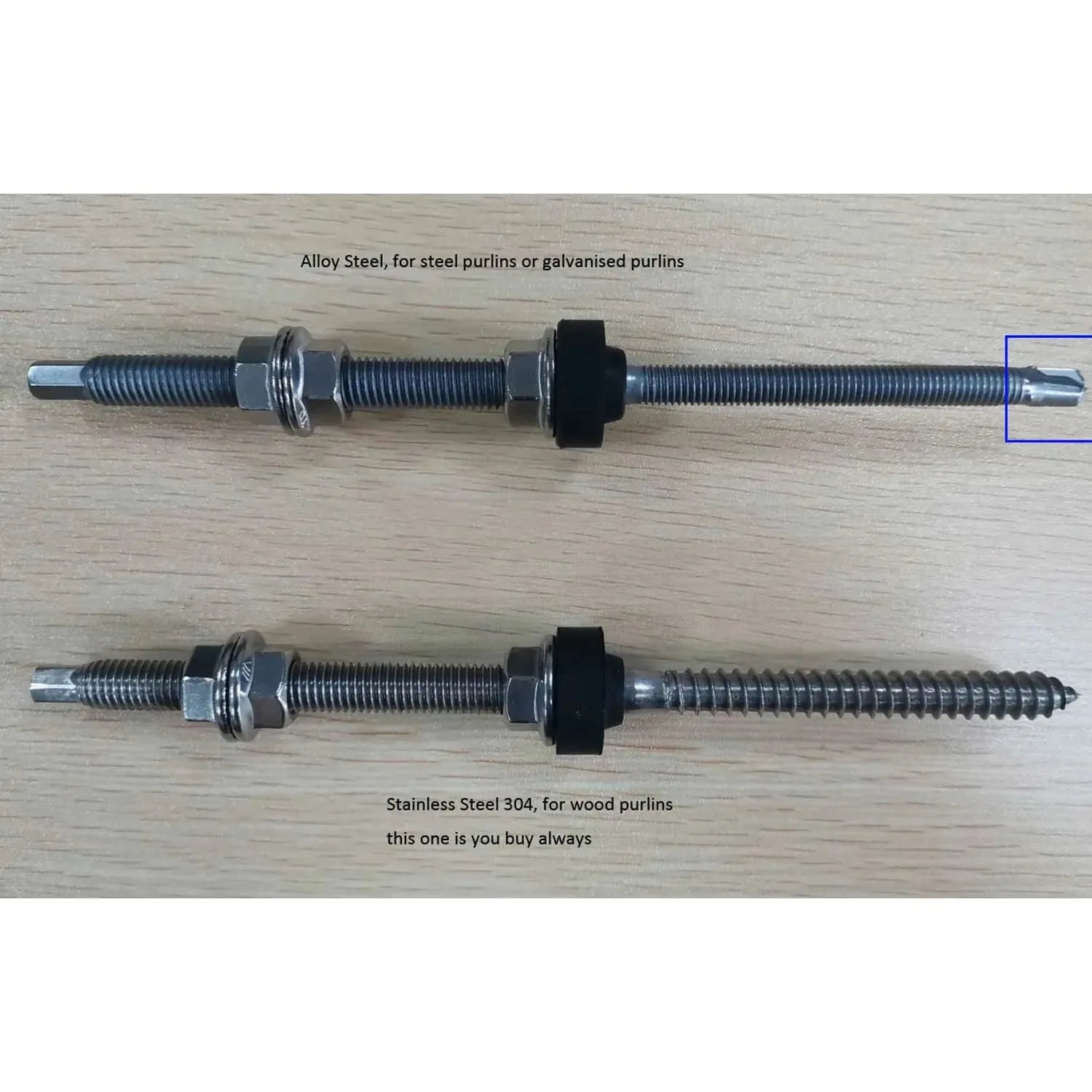 Two hanger bolts displayed side by side on wood surface, comparing alloy steel and stainless steel 304 variants with hex nuts
