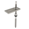 Stainless steel hanger bolt assembly with rectangular supporting plate, showing threaded rod, hex nuts, and mounting hardware