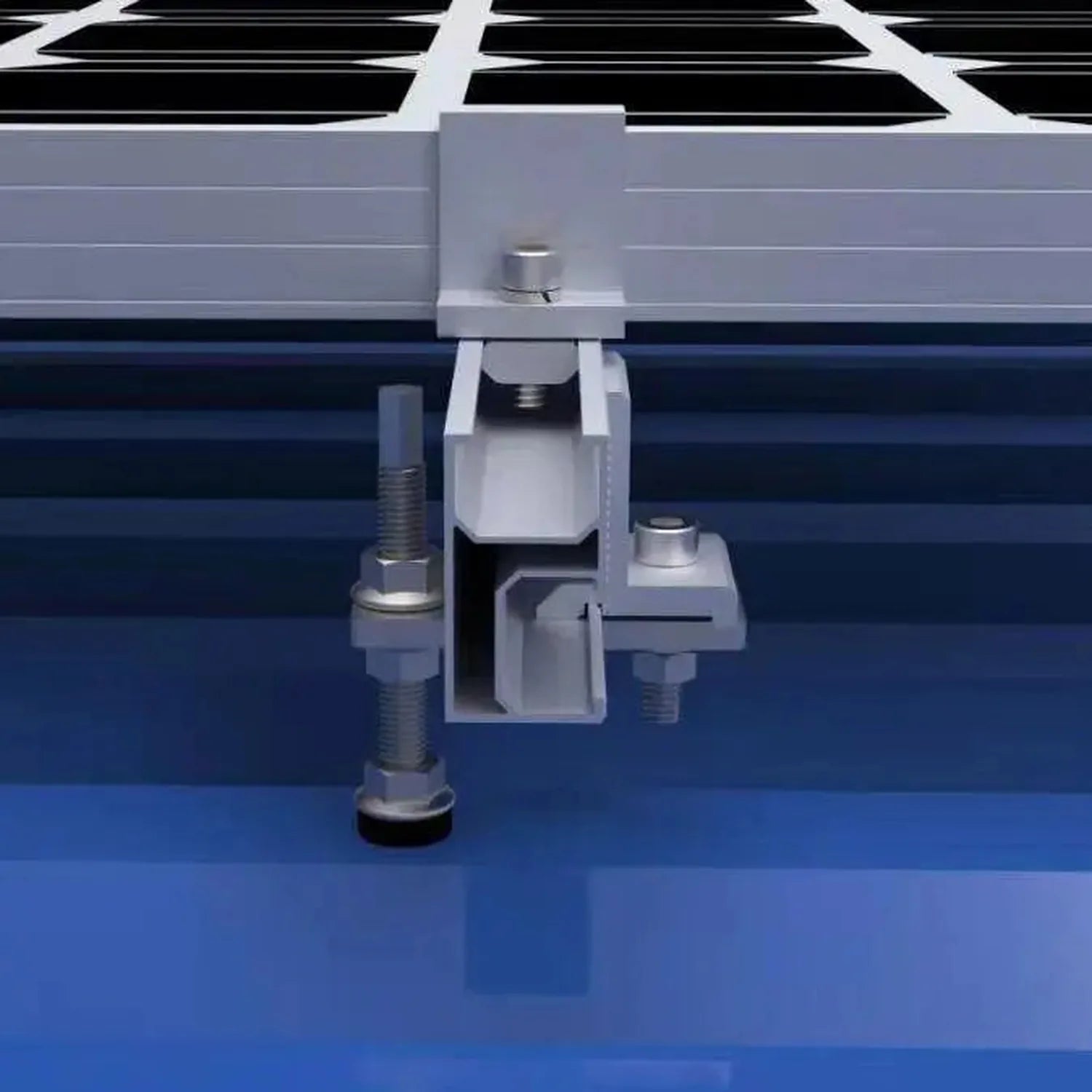 Solar panel mounting hardware showing stainless steel hanger bolt with supporting plate and fasteners against blue surface.