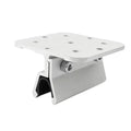 White solar panel mounting clamp with adjustable knob and black rubber grip pads, shown against white background.