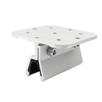White solar panel mounting clamp with adjustable knob and black rubber grip pads, shown against white background.